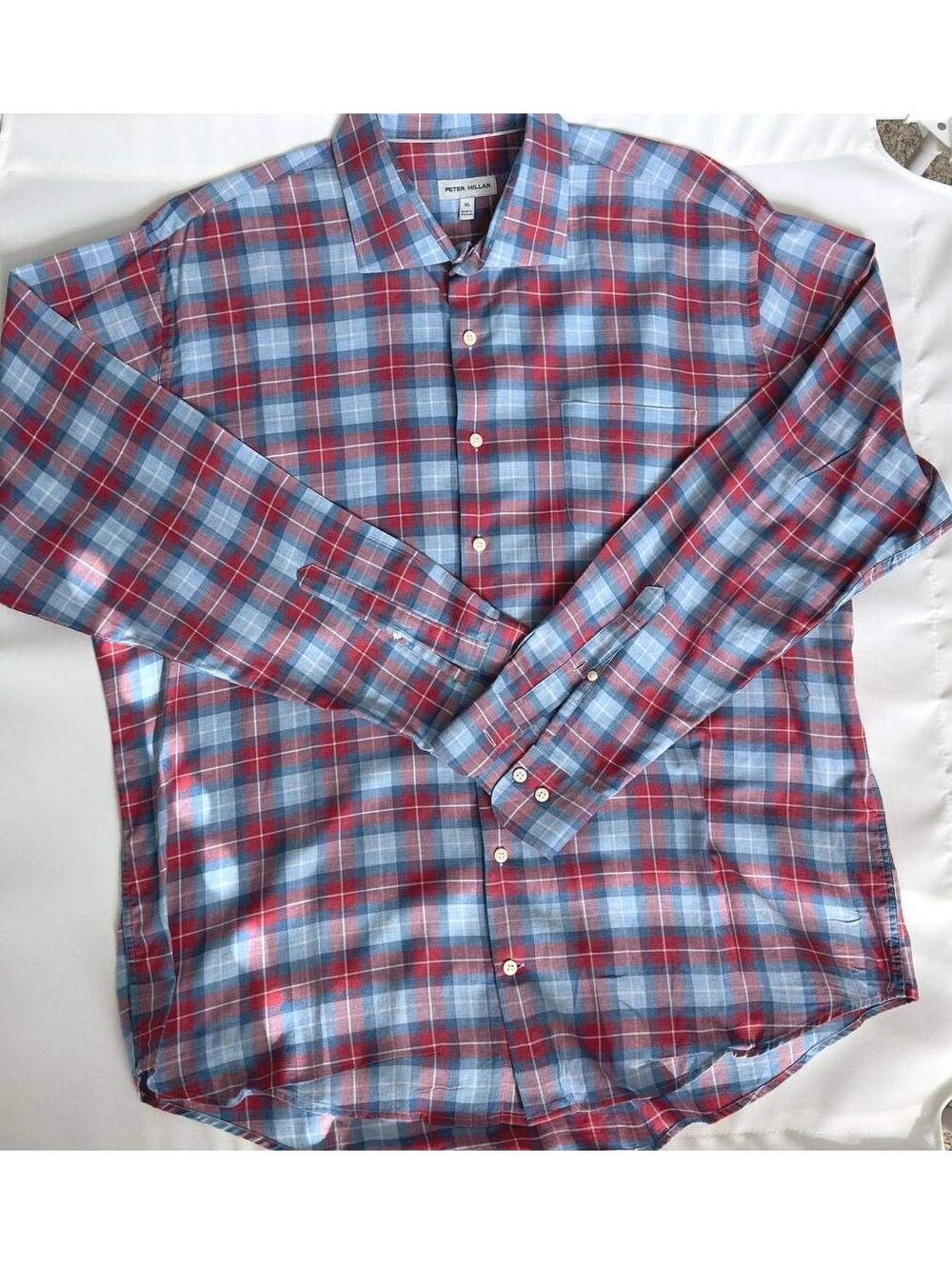 Peter Millar Men XL Red Blue Plaid 100% Cotton Long Sleeve Button Up Shirt